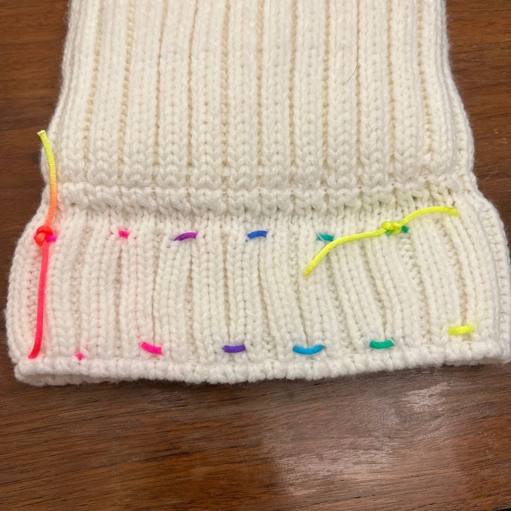 Beanie, white pom fleece lined beanie with colorful‎ stitching